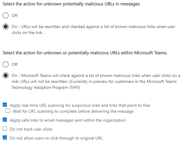 Microsoft 365 E5: Malicious URL Setting recommendation
