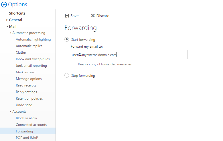 Office 365 'Forwarding' link removal